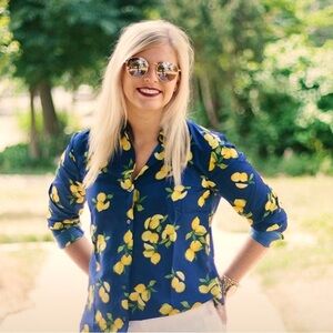 Banana Republic Navy BLue & Yellow Lemon Print Button Front Blouse XL